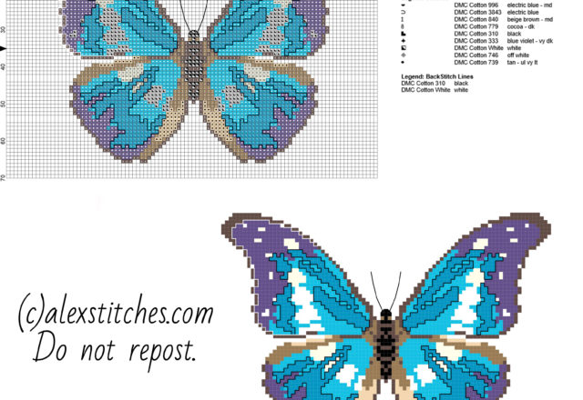 A beautiful blue and violet butterfly free cross stitch pattern download