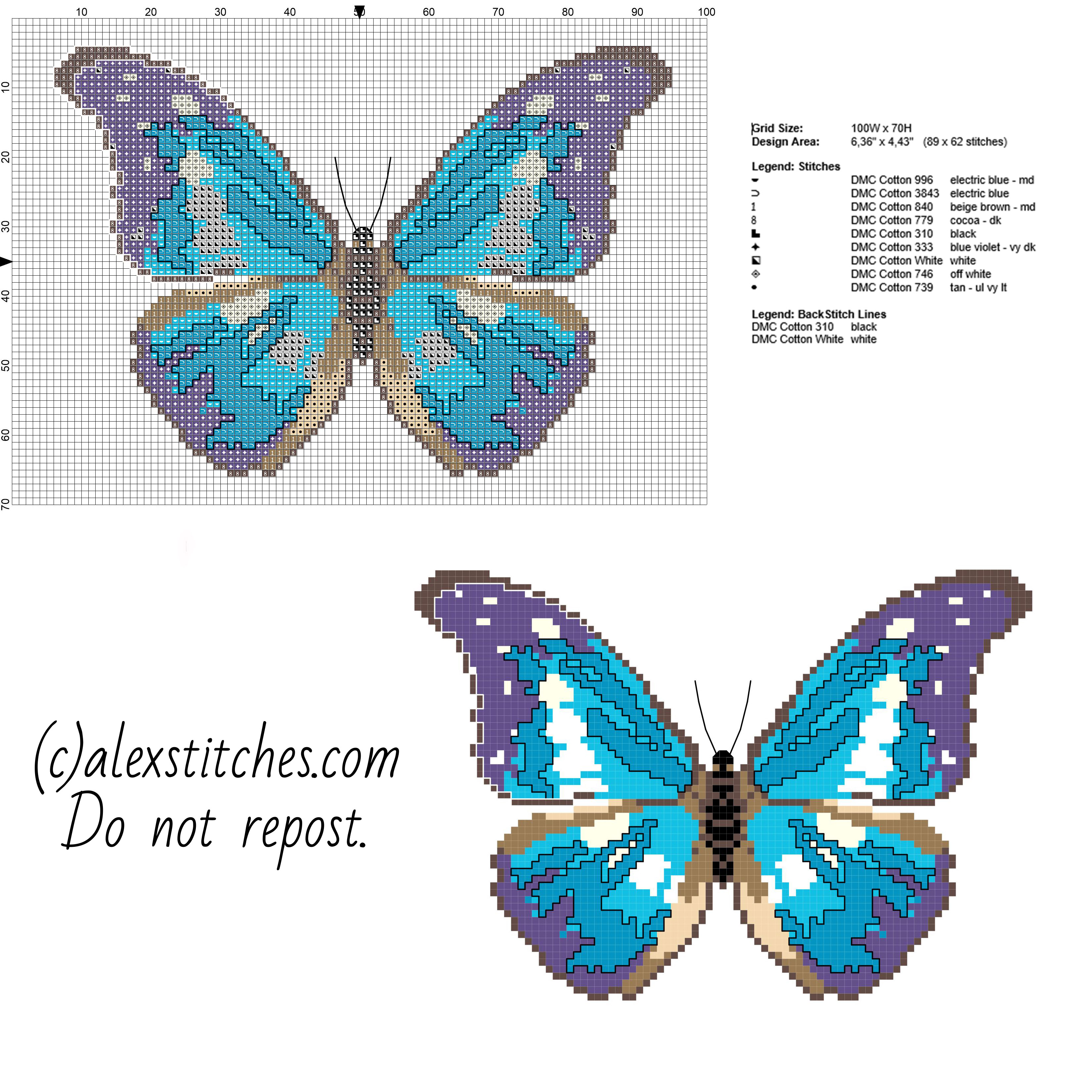 A beautiful blue and violet butterfly free cross stitch pattern download