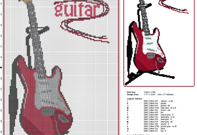 A beautiful red electric guitar on the stand free cross stitch pattern