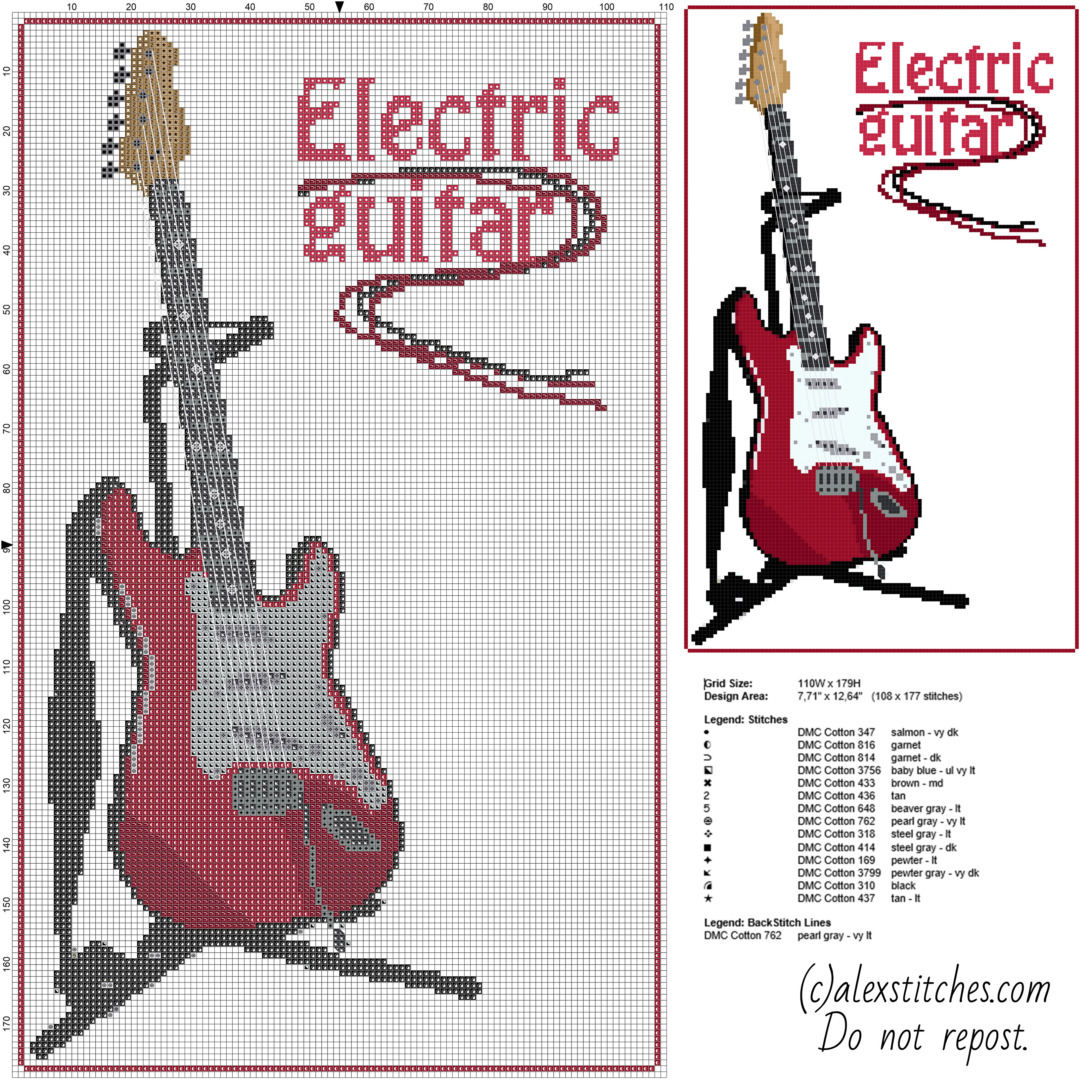 A beautiful red electric guitar on the stand free cross stitch pattern