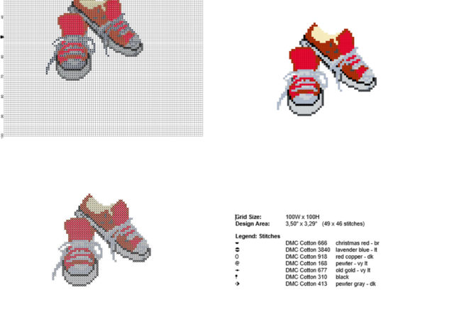 A child pair of red Converse shoes free and small cross stitch pattern 49x46 stitches 7 DMC threads