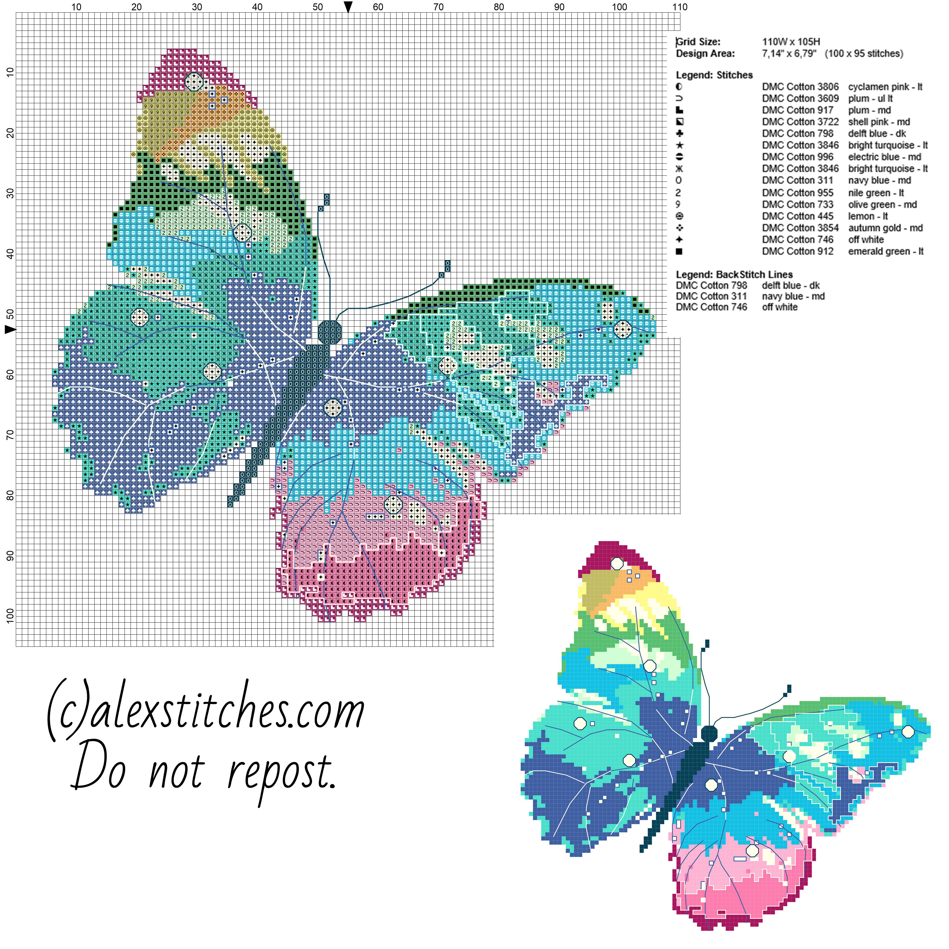 A multicolored butterfly free pcstitch cross stitch pattern