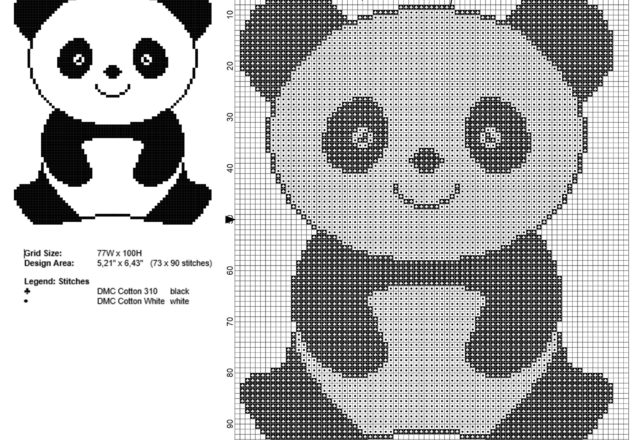 A panda animal for babies free simple cross stitch pattern 73 x 90 stitches 2 DMC threads
