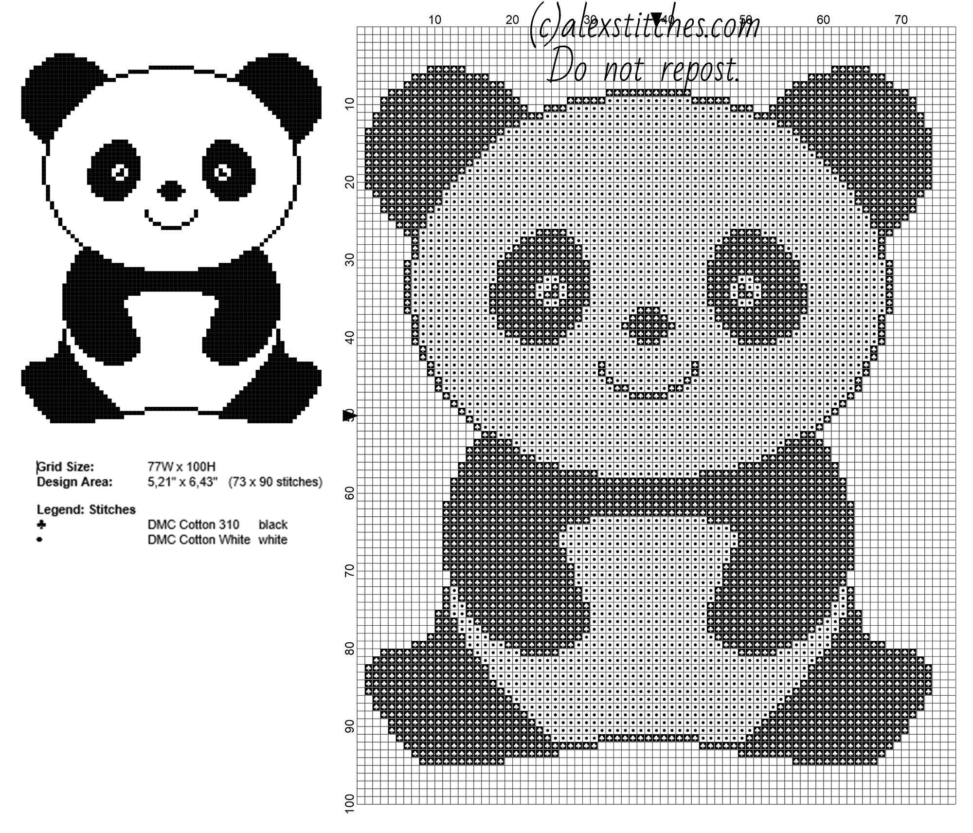A panda animal for babies free simple cross stitch pattern 73 x 90 stitches 2 DMC threads