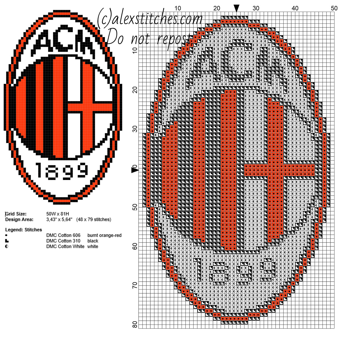 A_C_ Milan soccer team logo badge free cross stitch pattern 48 x 79 stitches 3 DMC threads