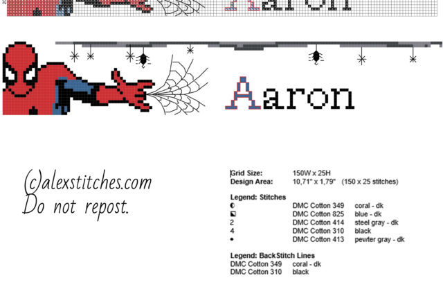 Aaron cross stitch baby male name with SpiderMan free download