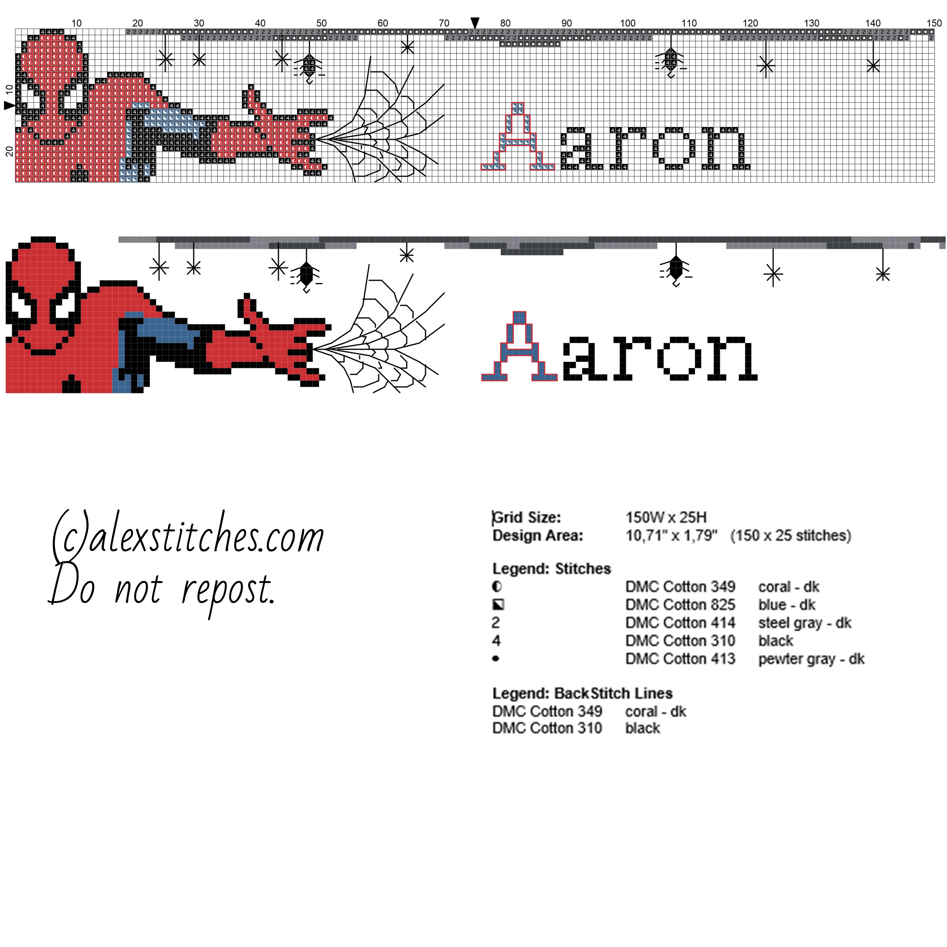 Aaron cross stitch baby male name with SpiderMan free download