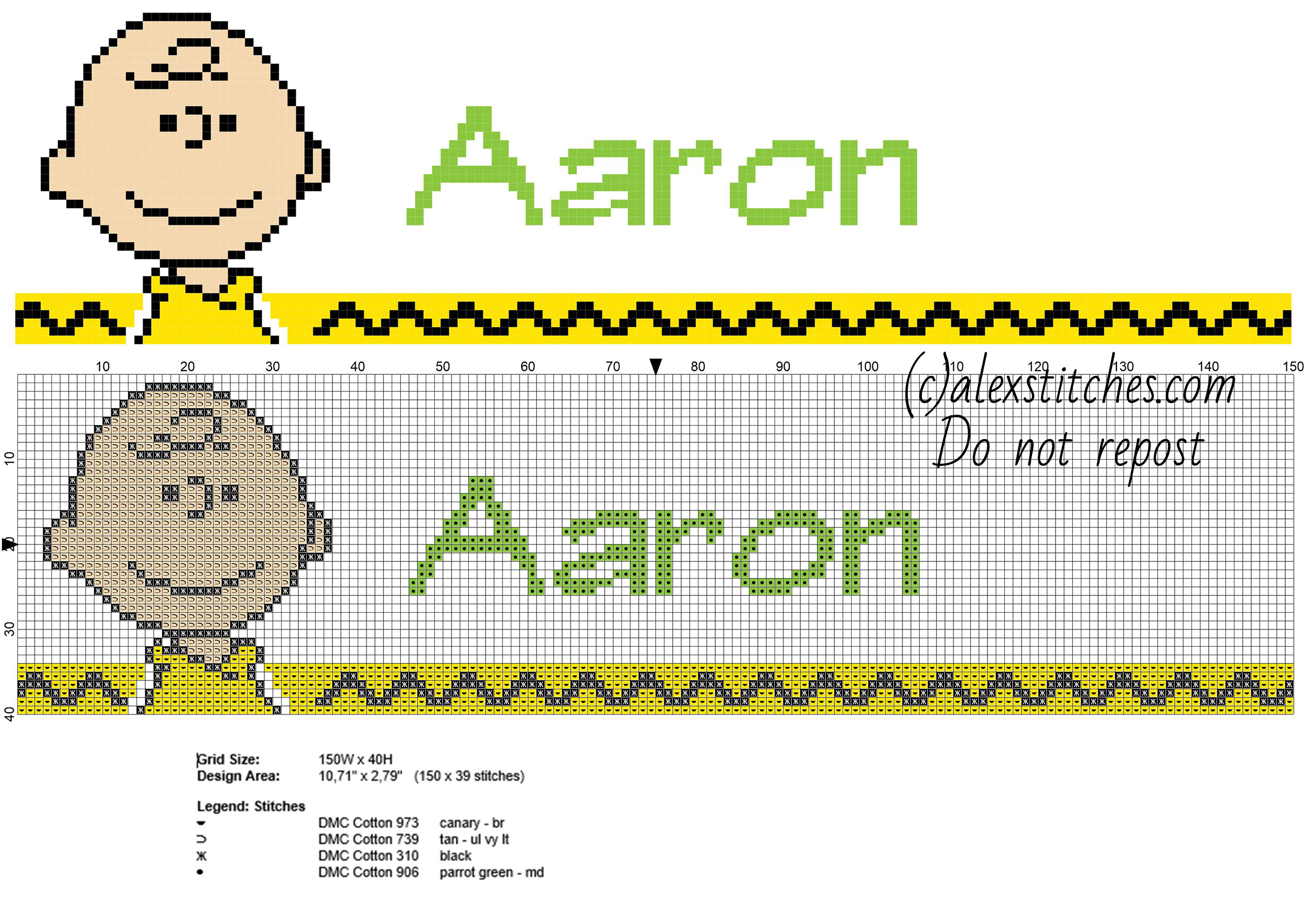 Aaron cross stitch baby name with Charlie Brown