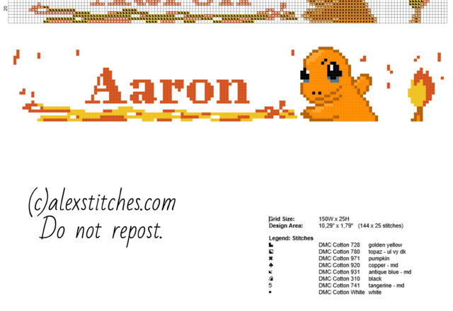 Aaron cross stitch pattern baby male name with cartoon Pokemon Charmander