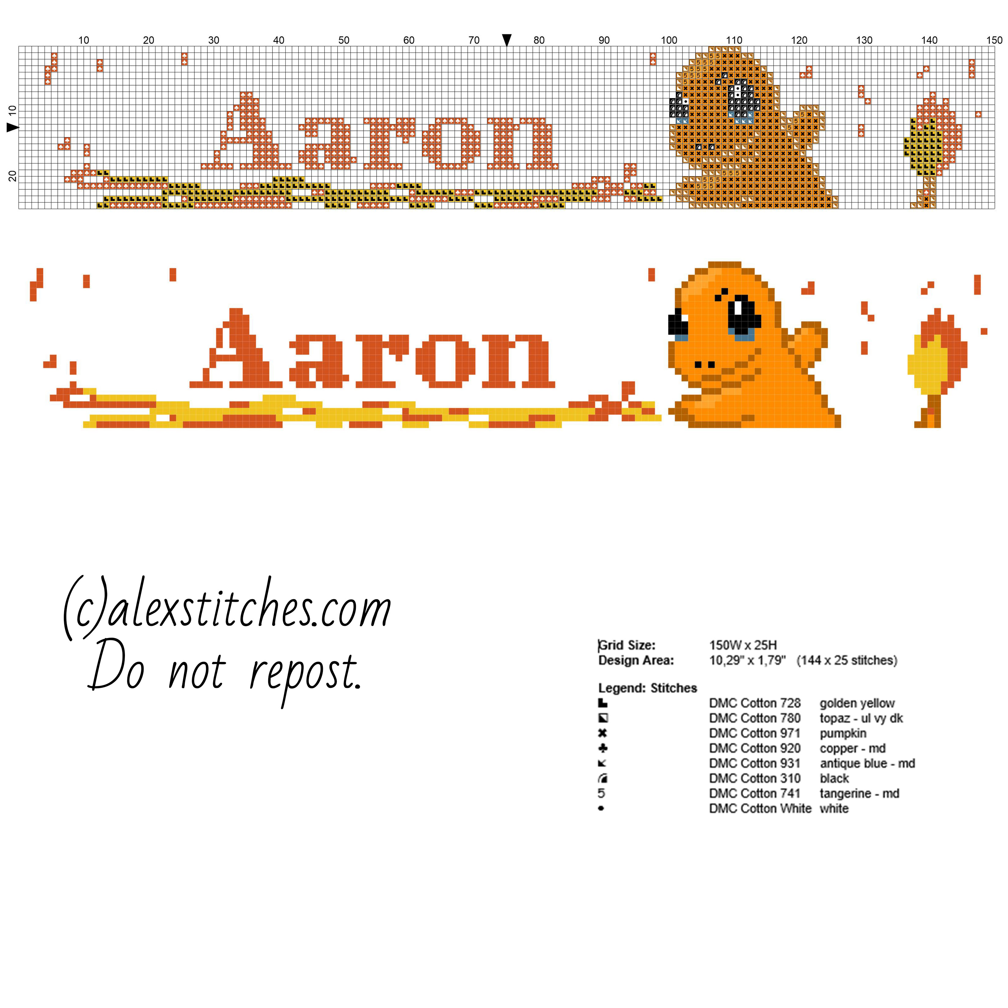 Aaron cross stitch pattern baby male name with cartoon Pokemon Charmander