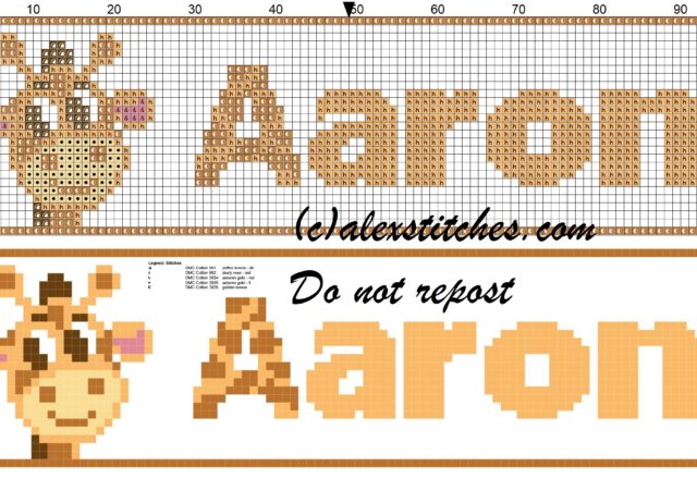 Aaron name with giraffe cross stitch pattern