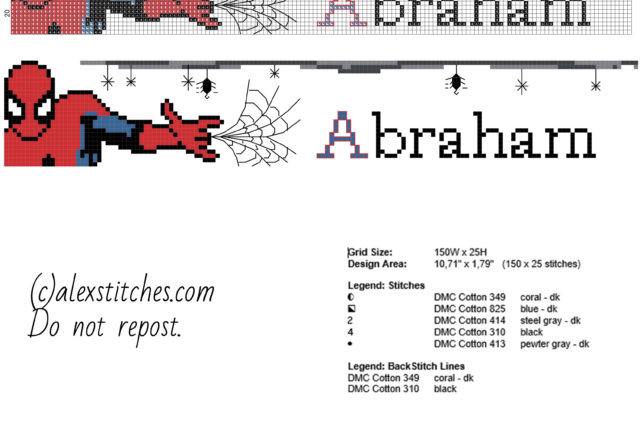 Abraham cross stitch baby male name with SpiderMan free download