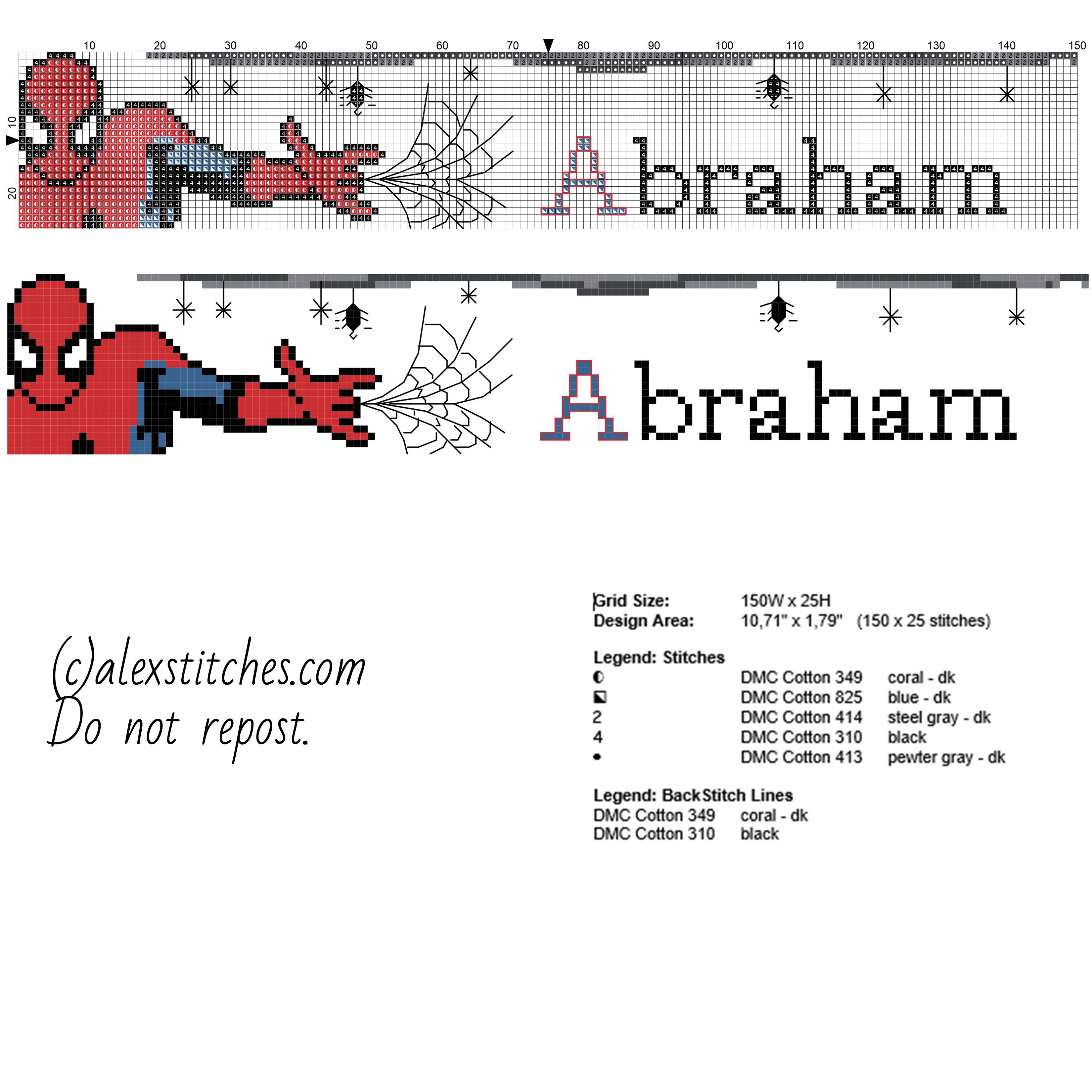 Abraham cross stitch baby male name with SpiderMan free download