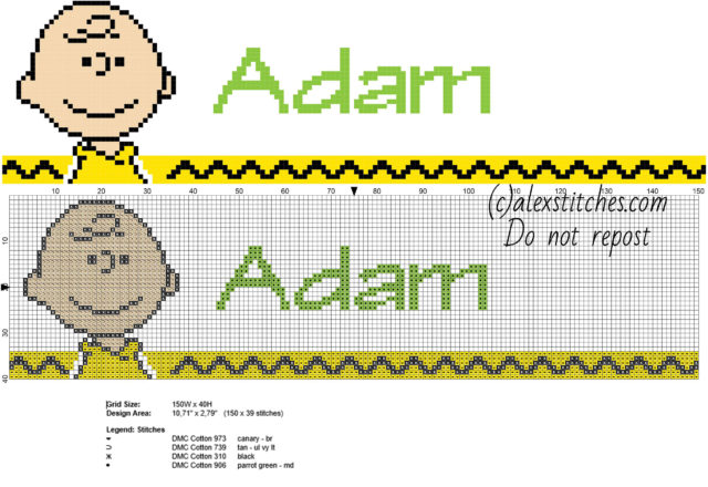 Adam cross stitch baby male name with Charlie Brown cartoons