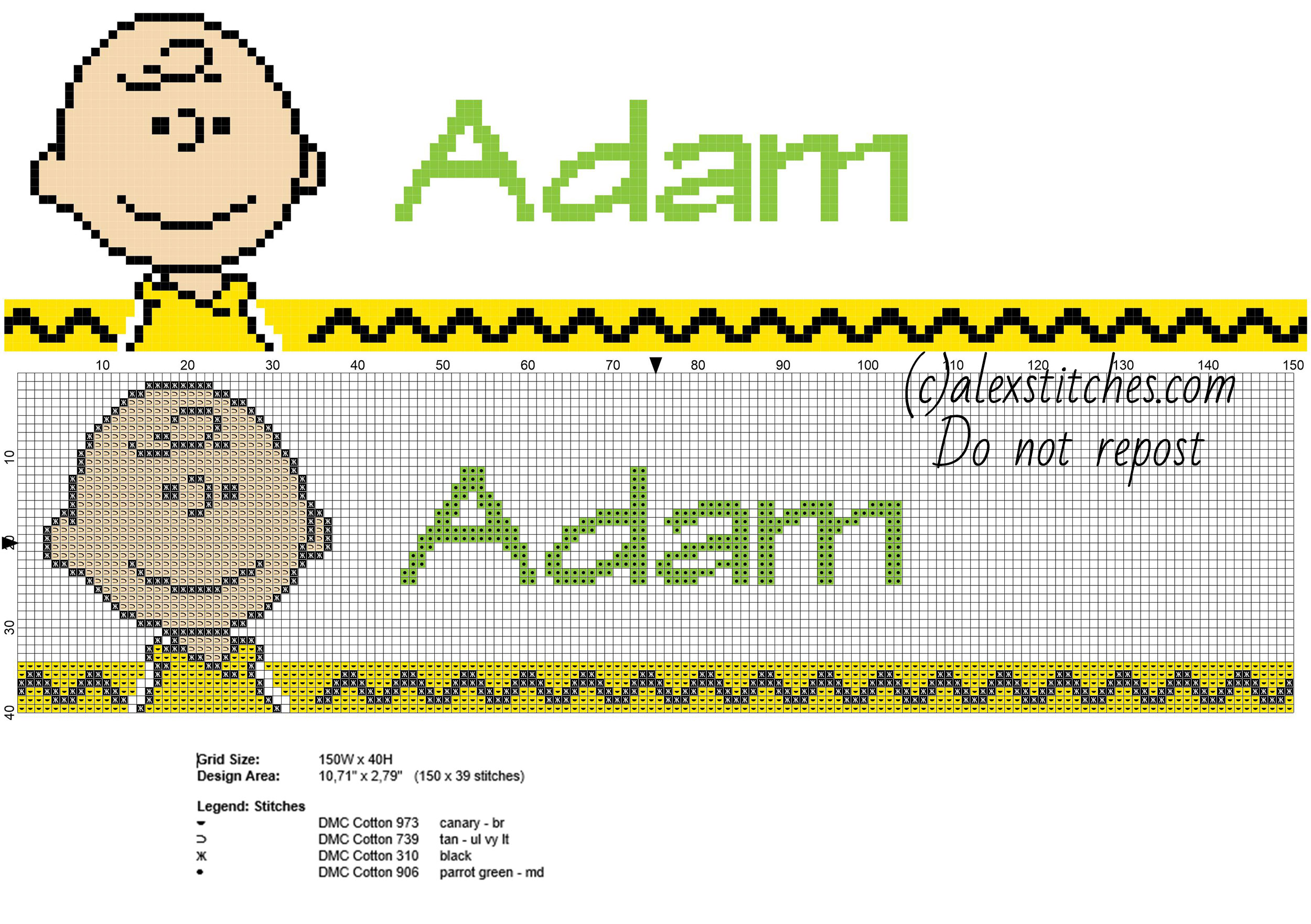 Adam cross stitch baby male name with Charlie Brown cartoons