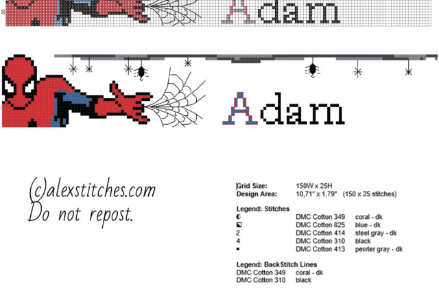Adam cross stitch baby male name with SpiderMan free download