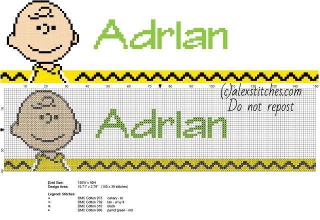 Adrian cross stitch baby male name with Charlie Brown cartoons character