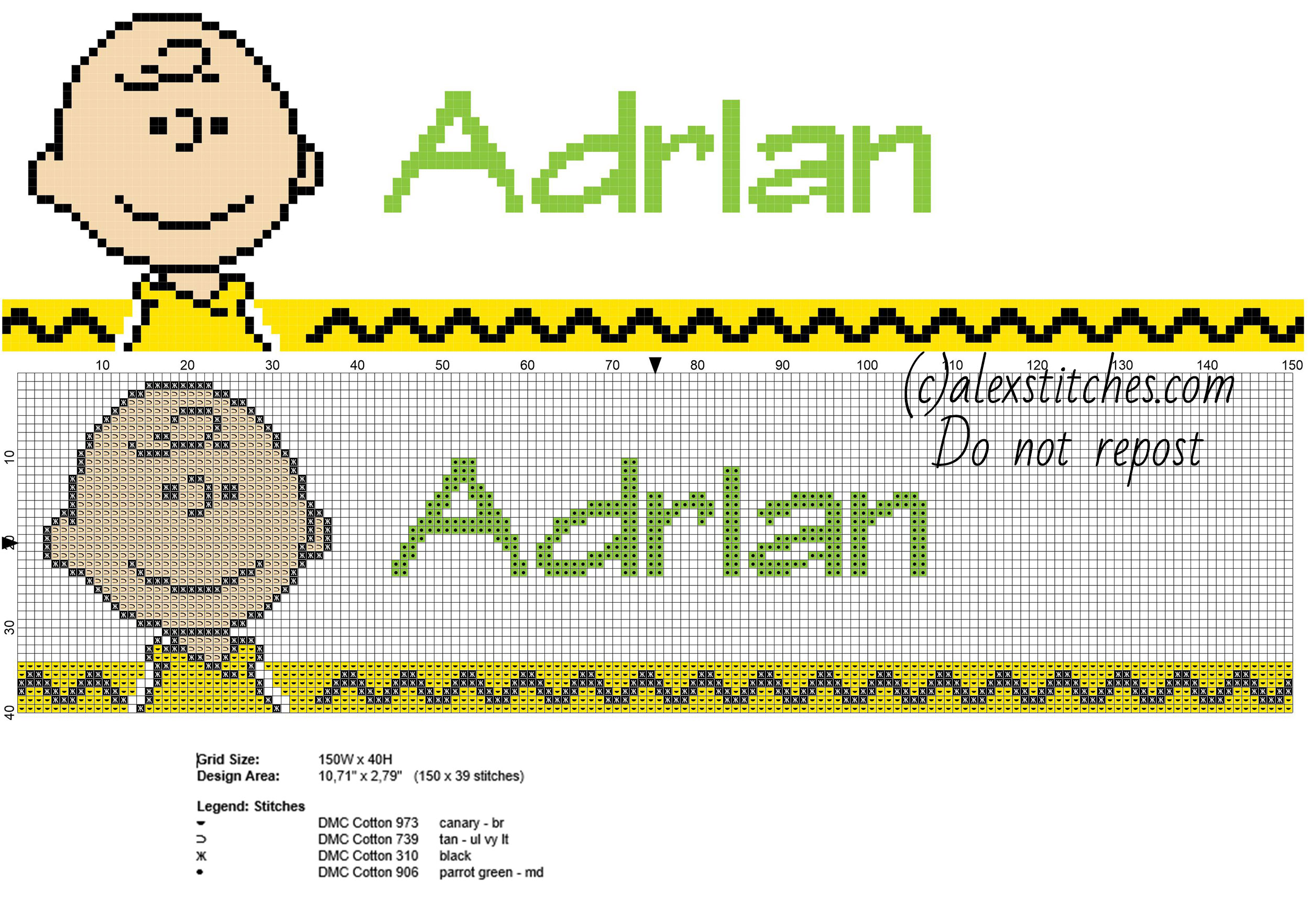 Adrian cross stitch baby male name with Charlie Brown cartoons character