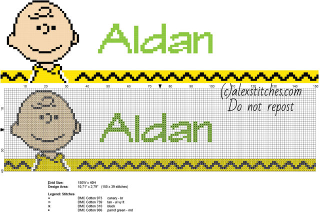 Aidan cross stitch baby male name with Charlie Brown cartoons character