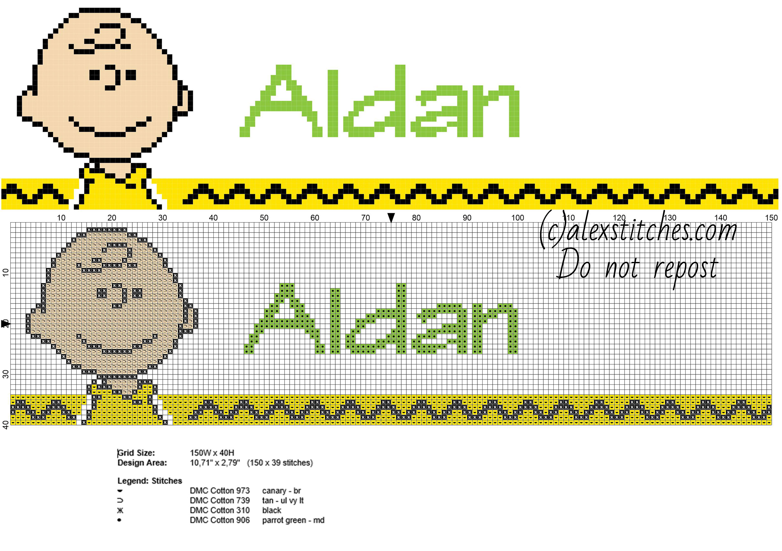 Aidan cross stitch baby male name with Charlie Brown cartoons character