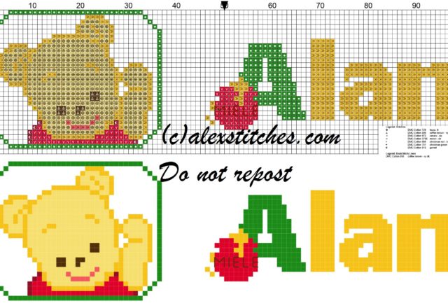 Alan name with Baby winnie the pooh free cross stitches pattern