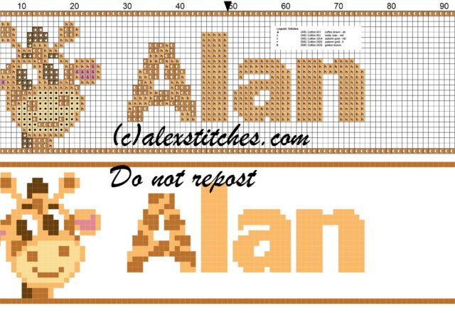 Alan name with giraffe cross stitch pattern