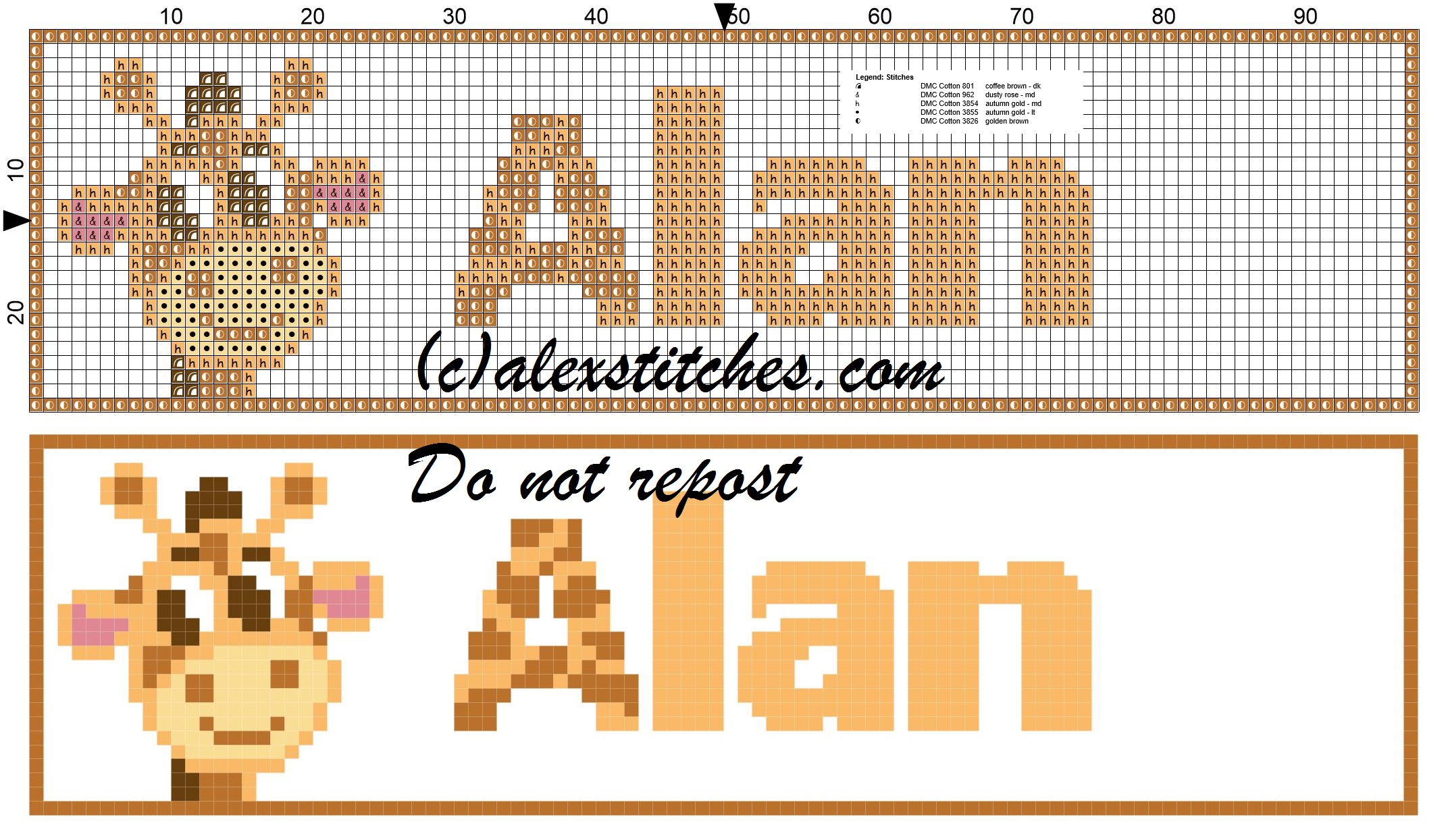 Alan name with giraffe cross stitch pattern