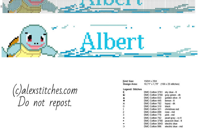 Albert male baby name with Pokemon Squirtle and water free cross stitch pattern