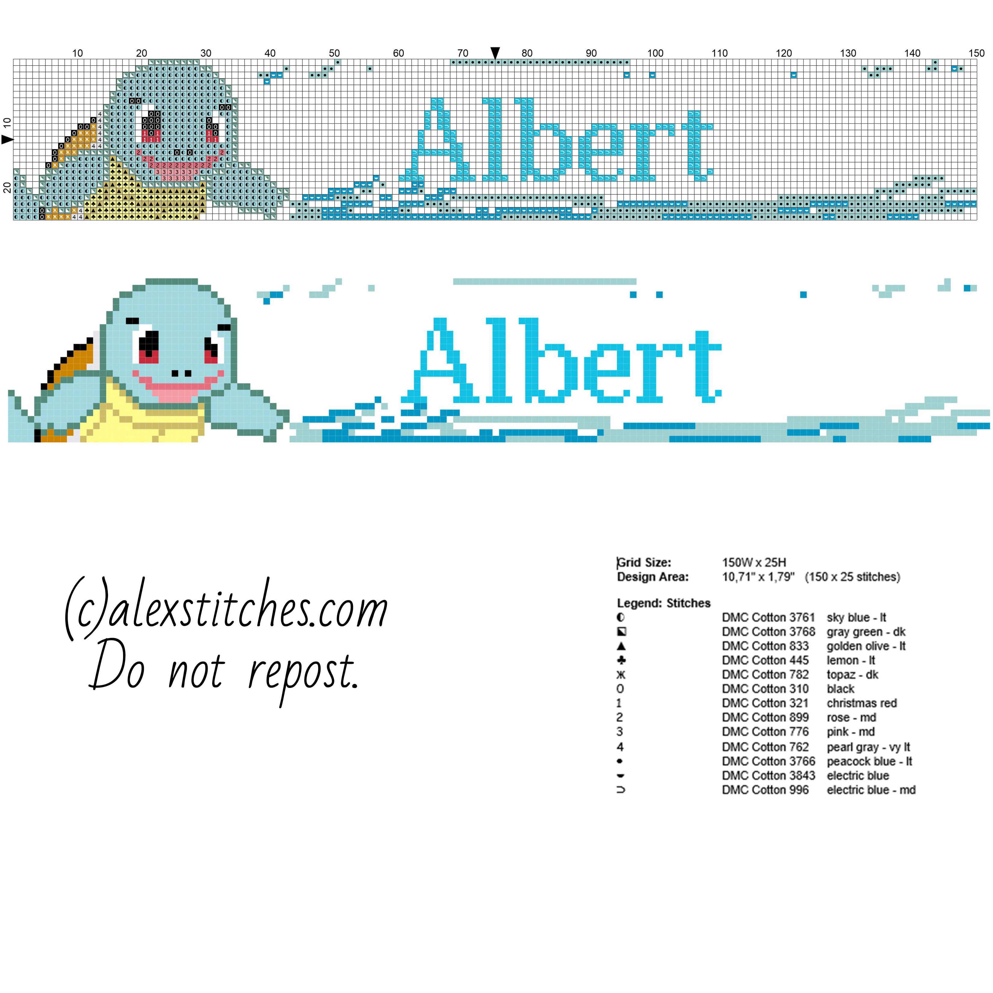 Albert male baby name with Pokemon Squirtle and water free cross stitch pattern