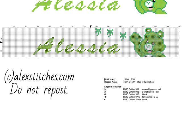 Alessia baby female name with Good Luck Bear free cross stitch pattern download