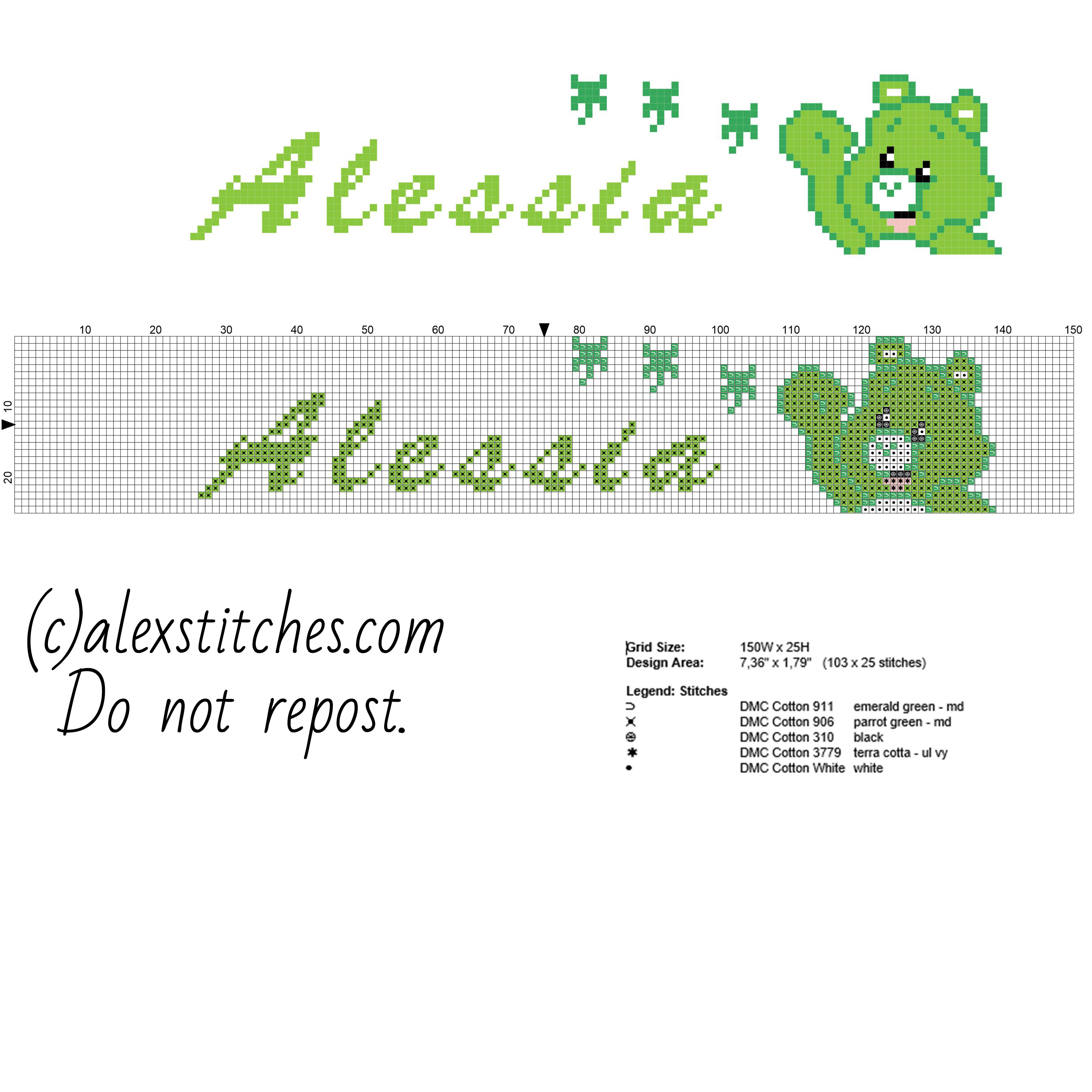 Alessia baby female name with Good Luck Bear free cross stitch pattern download