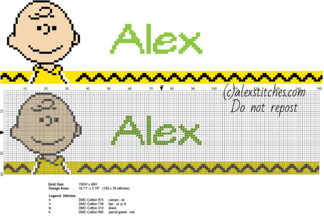 Alex cross stitch baby male name with Charlie Brown Peanuts character