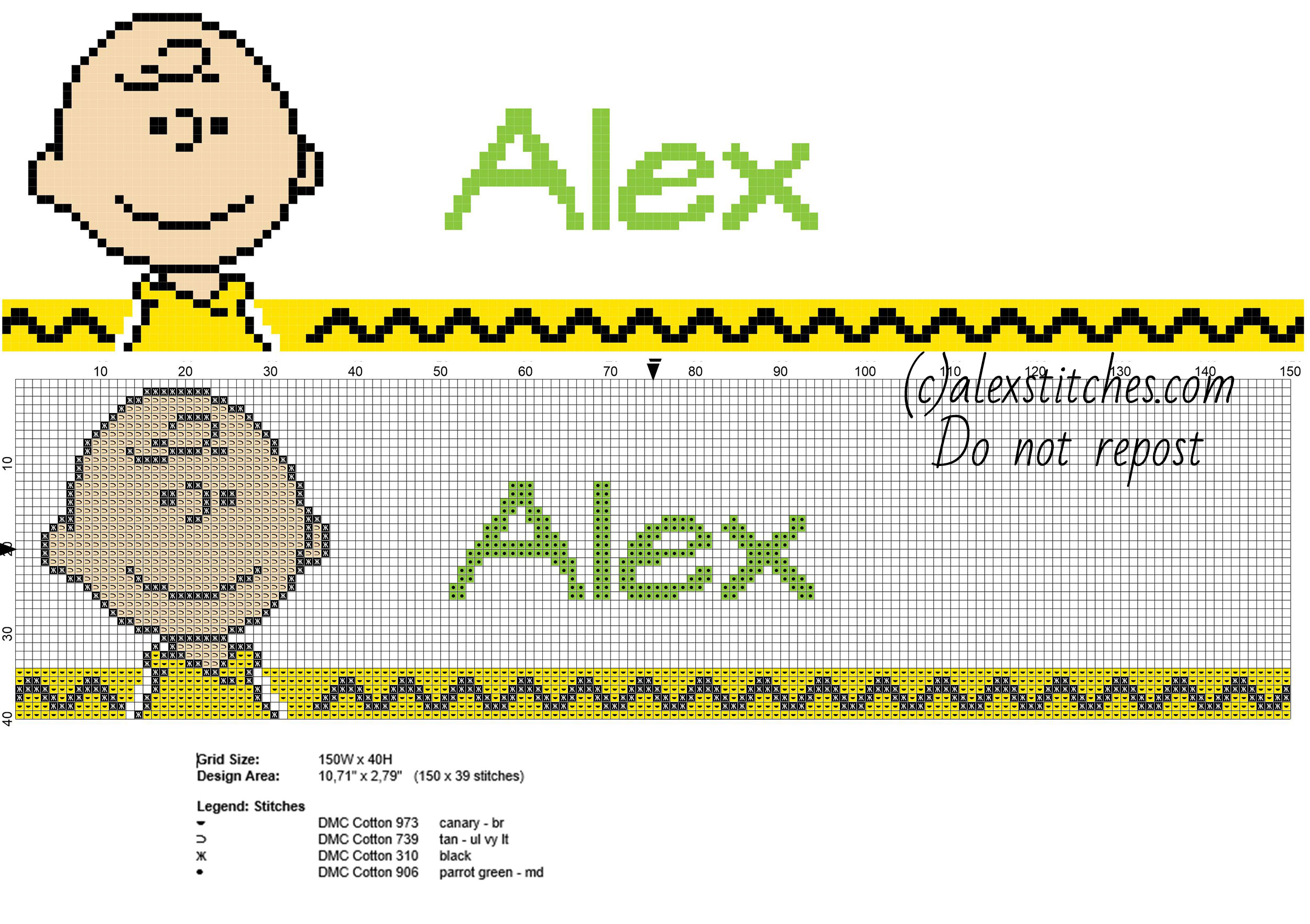 Alex cross stitch baby male name with Charlie Brown Peanuts character