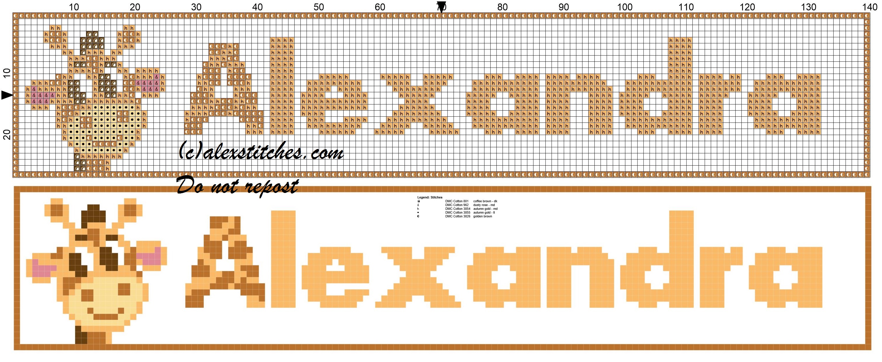 Alexandra name with giraffe cross stitch pattern