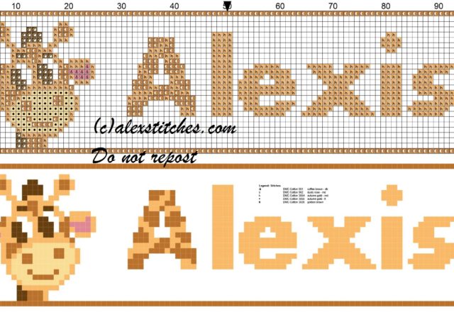 Alexis name with giraffe cross stitch pattern