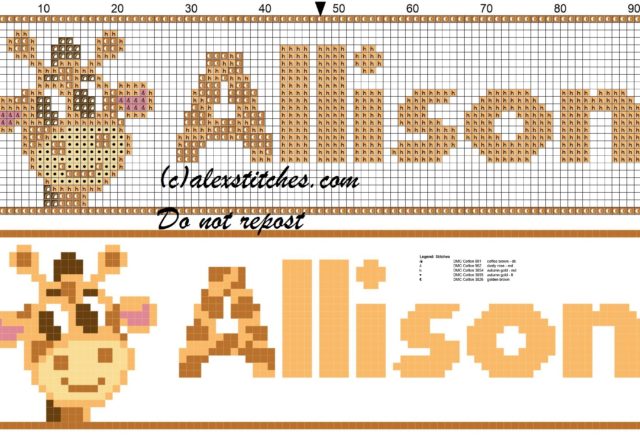 Allison name with giraffe cross stitch pattern