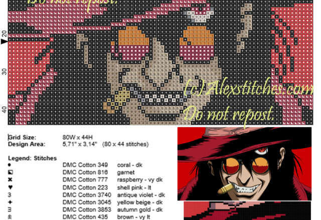 Alucard (Hellsing) free cross stitch pattern 80x44 14 colors