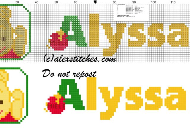 Alyssa name with Baby winnie the pooh free cross stitches pattern