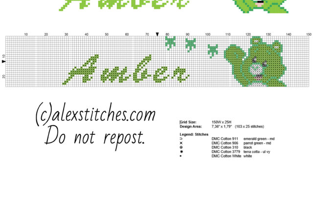 Amber female name in cross stitch names with Good Luck Bear from Care Bears free download