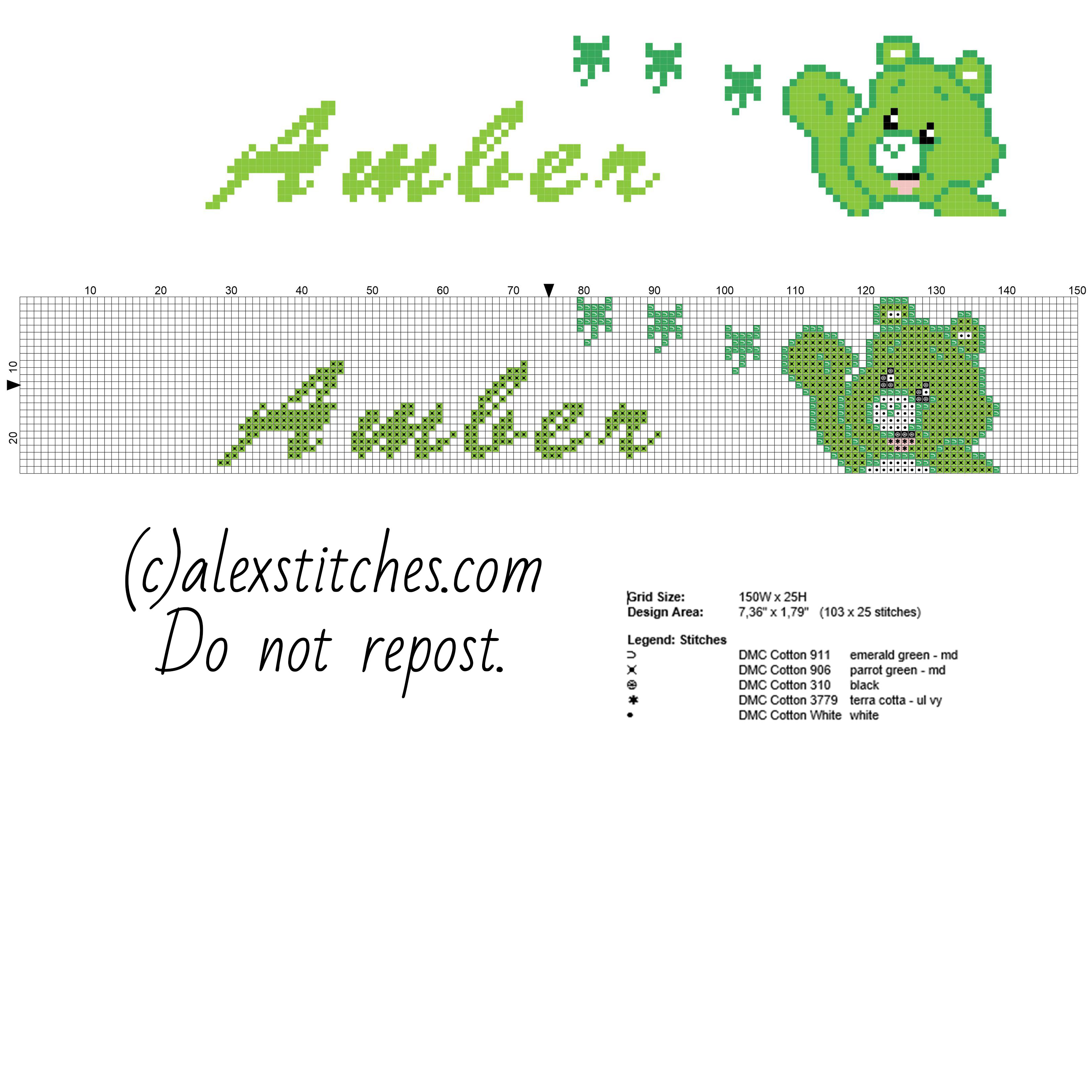 Amber female name in cross stitch names with Good Luck Bear from Care Bears free download