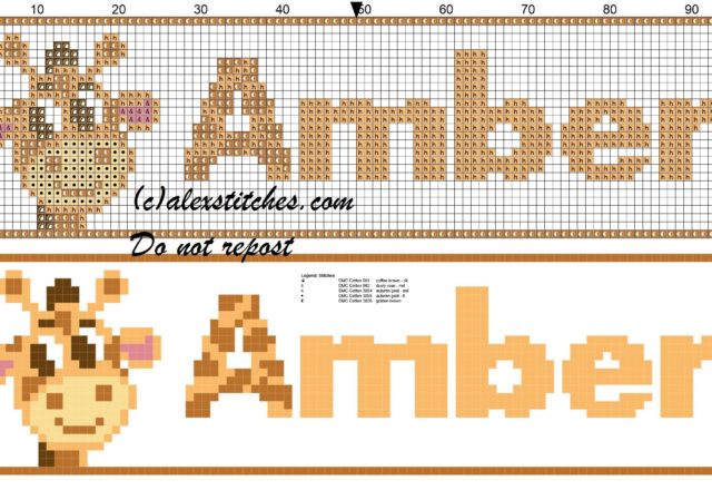 Amber name with giraffe cross stitch pattern