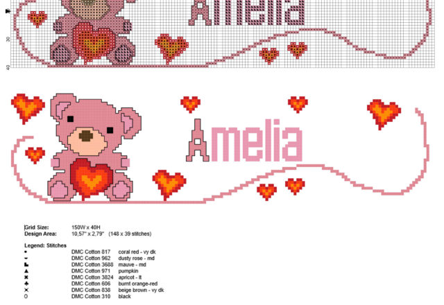 Amelia cross stitch baby name with a sweet teddy bear with hearts