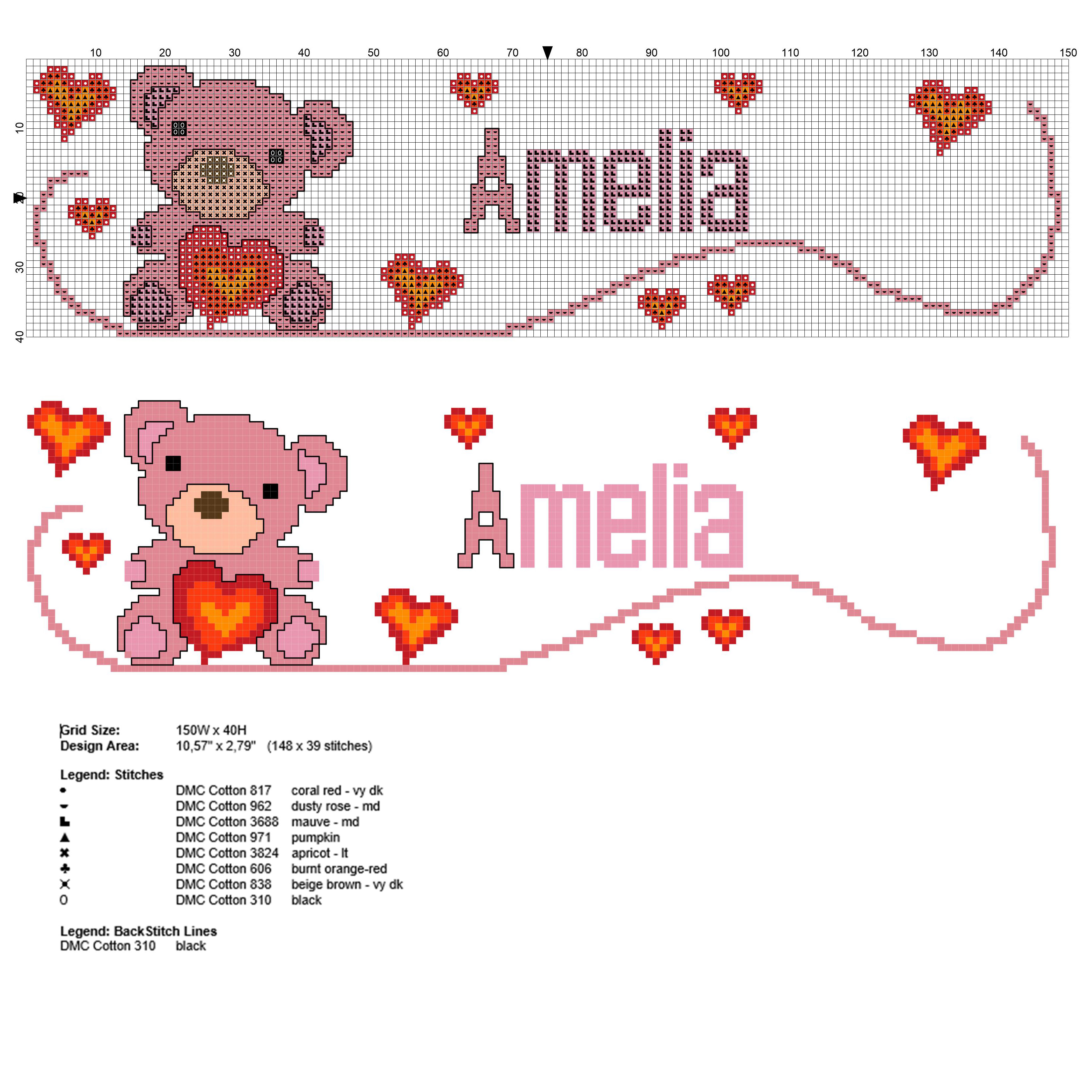 Amelia cross stitch baby name with a sweet teddy bear with hearts