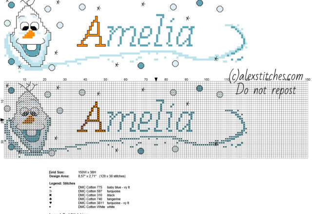 Amelia cross stitch name with Disney Frozen Olaf free download