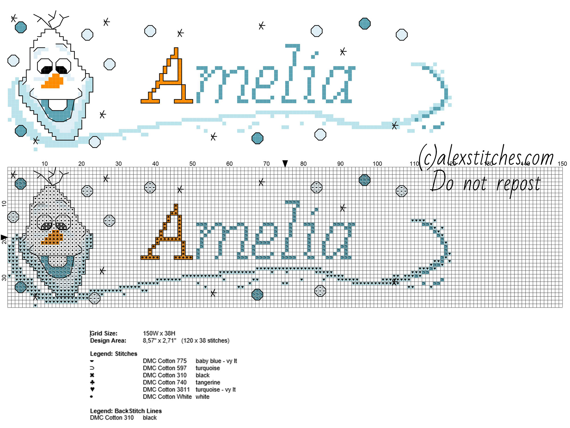 Amelia cross stitch name with Disney Frozen Olaf free download