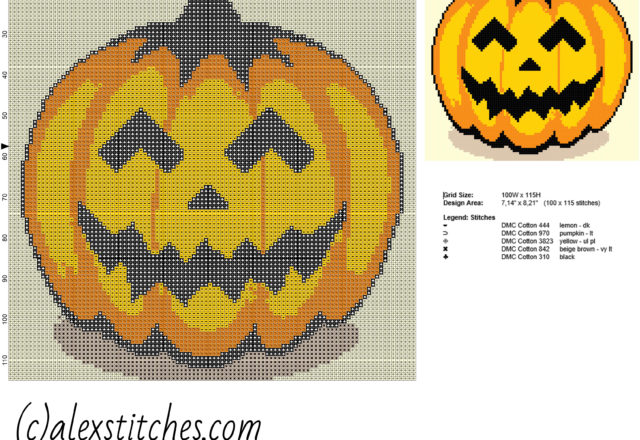 An Halloween pumpkin size about 100 x 100 stitches free cross stitch pattern