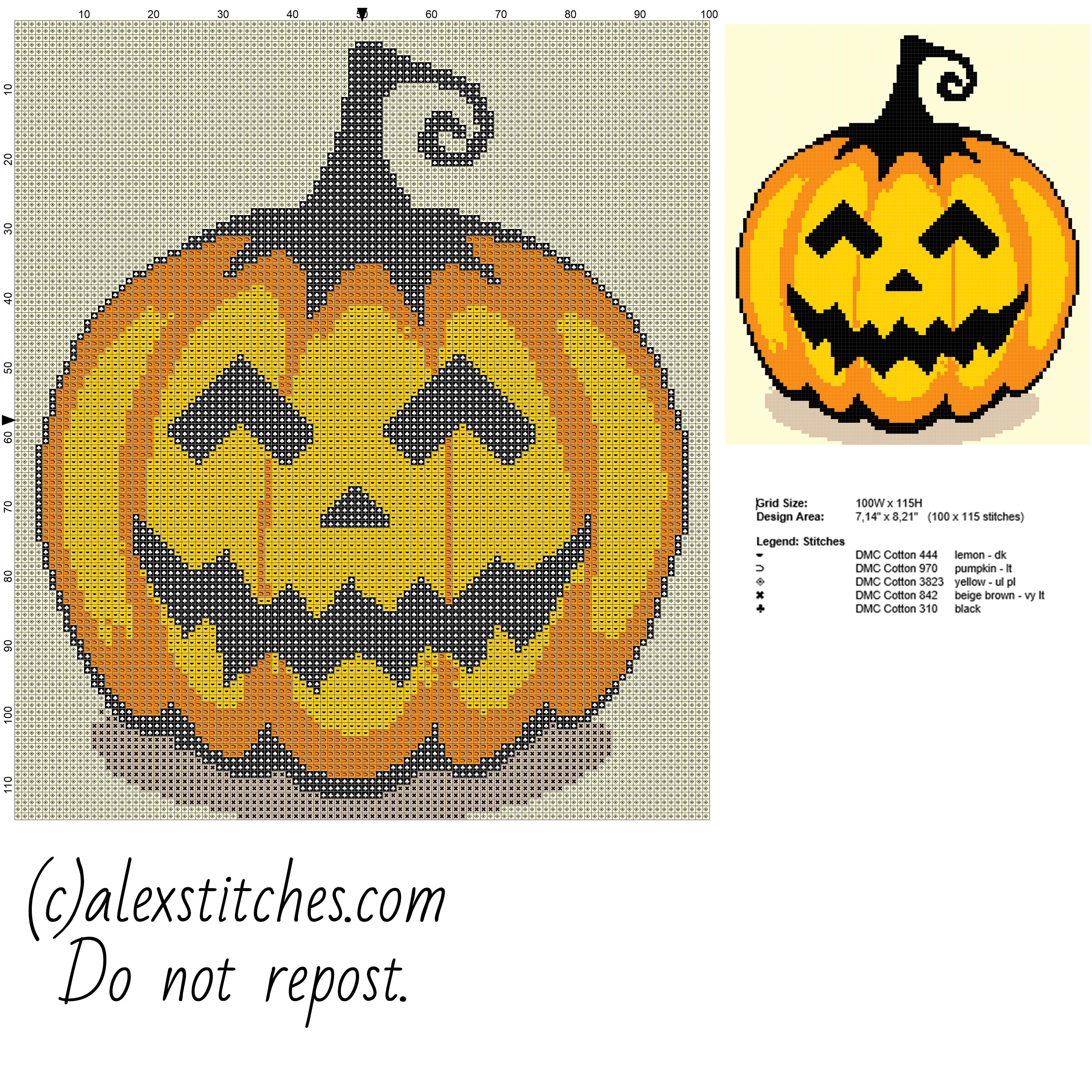 An Halloween pumpkin size about 100 x 100 stitches free cross stitch pattern