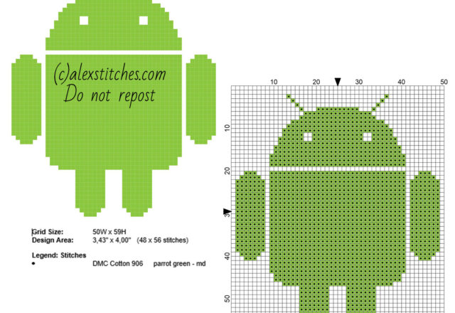 Android logo free small cross stitch pattern 48 x 56 stitches only one DMC thread