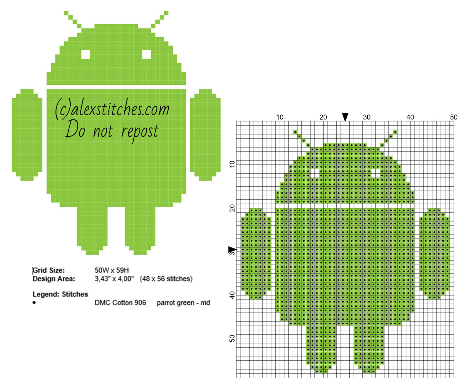 Android logo free small cross stitch pattern 48 x 56 stitches only one DMC thread