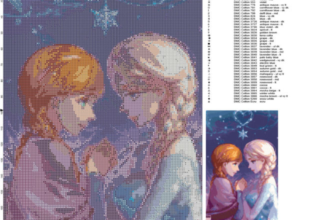 Anna and Elsa Disney Princess free cross stitch pattern 125x197 50 colors